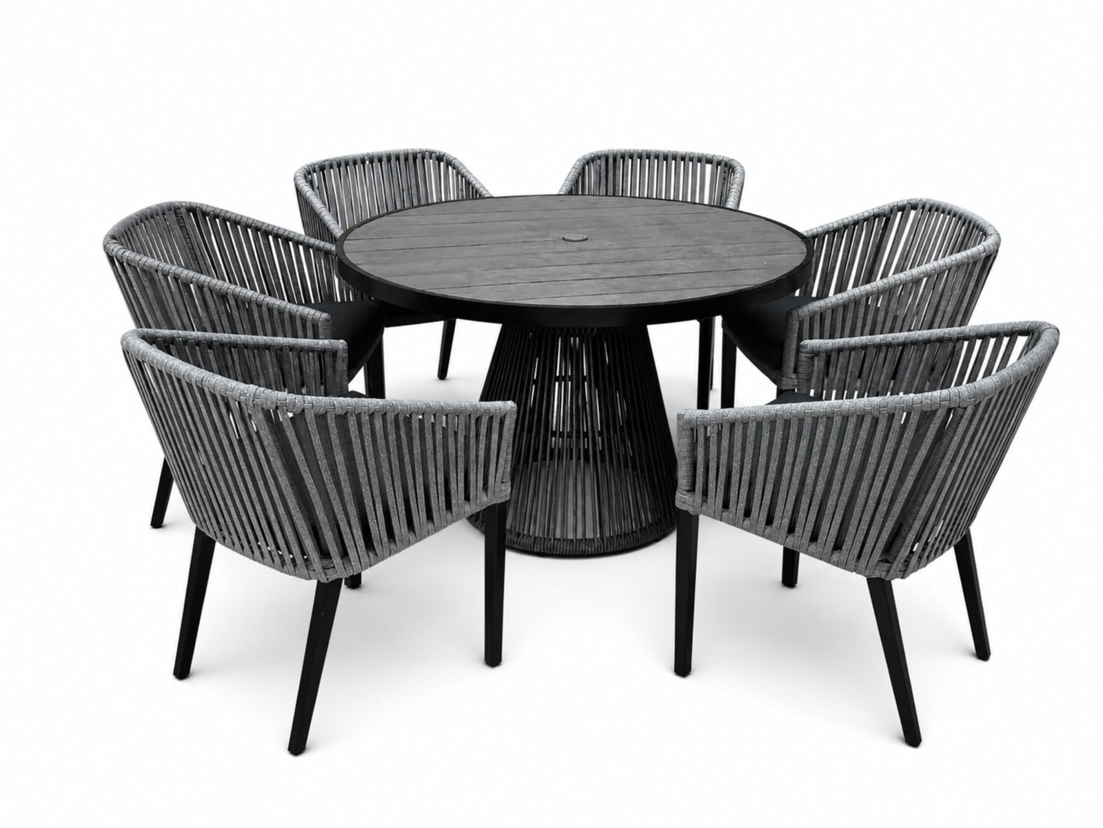 CABANA COAST ROUND DINING TABLE & SIX CHAIRS: Round table: H. 30" x Dia. 48", Six chairs: H. 30 1/2" x W. 23" x D. 23"
