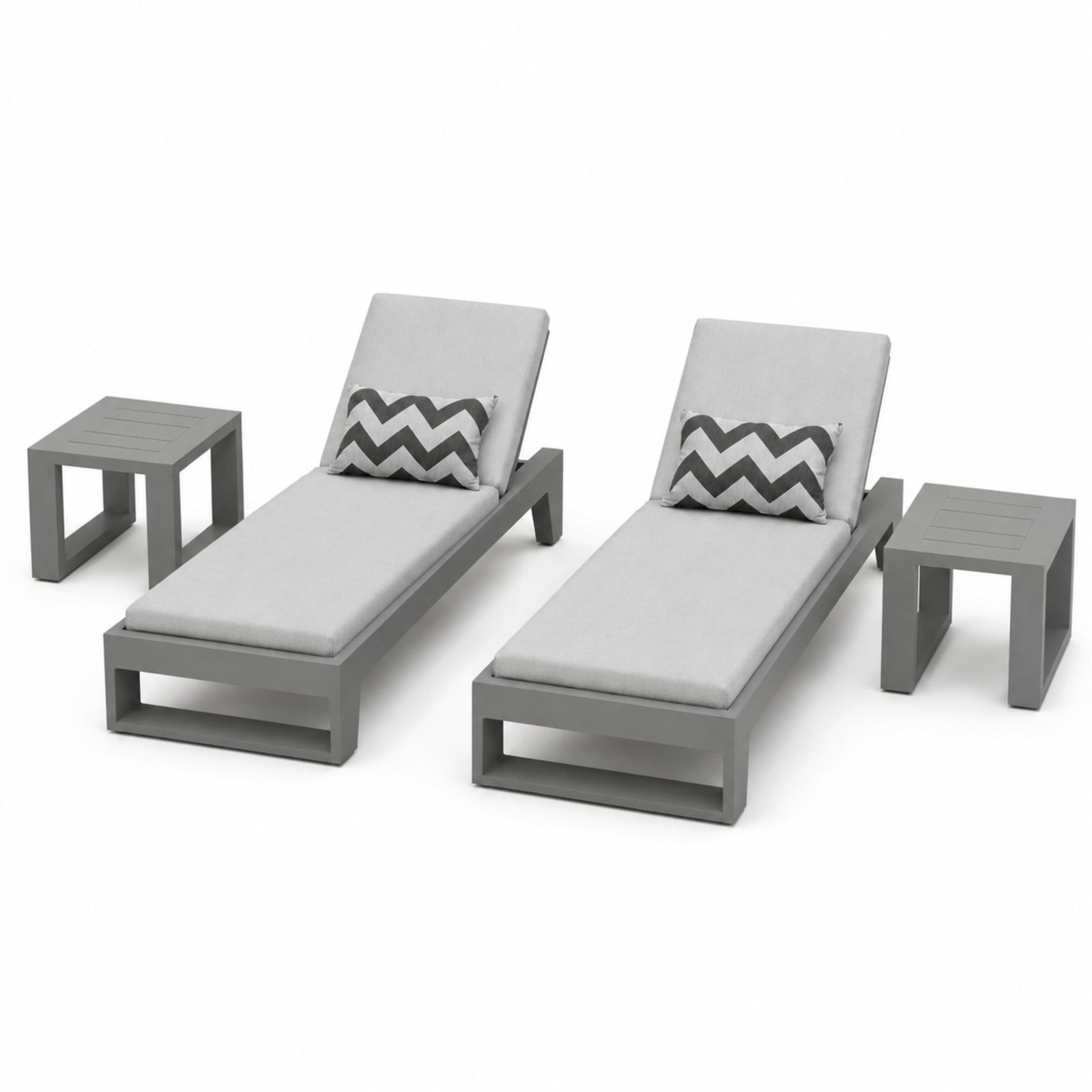 TWO CABANA COAST BELVEDERE LOUNGERS & SIDE TABLES: Loungers: H. 17" x W. 80" x D. 29", Side tables: H. 18 x W. 24" x D. 24"