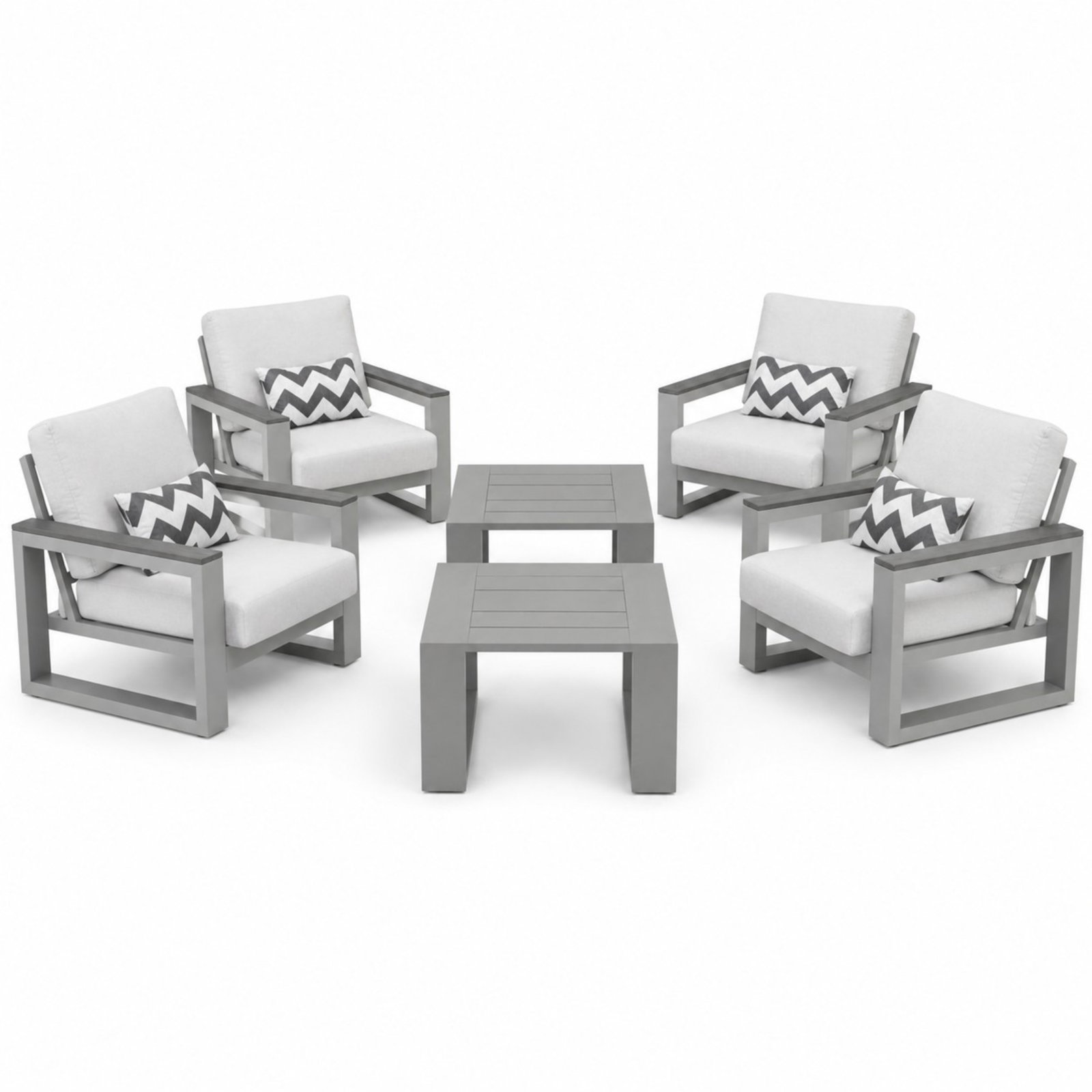 CABANA COAST BELVEDERE PATIO SET: Four Armchairs: H. 24" x W. 35" x D. 35.1/2", Two Side tables: H. 18 x W. 24" x D. 24"
