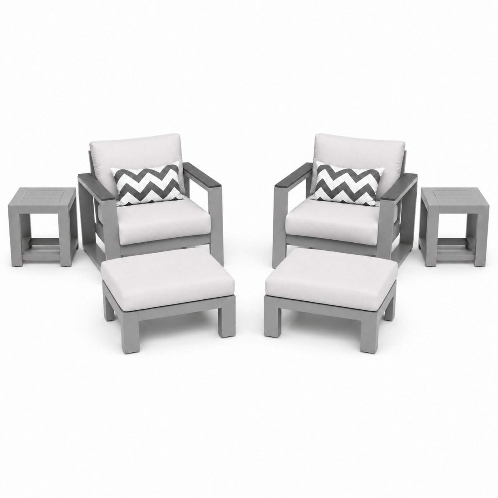 CABANA COAST BELVEDERE PATIO SET: Two Armchairs: H. 24" x W. 35" x D. 35.1/2", Two Ottomans: H. 16" x W. 28" x D 26 1/2", Two Side tables: H. 18 x W. 24" x D. 24"