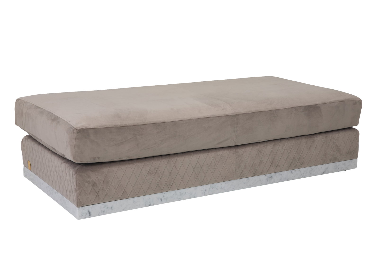 FORMITALIA GLAMOUR VELVET UPHOLSTERED LONG BENCH: White marble base. H. 17" x W. 66" x D. 31"