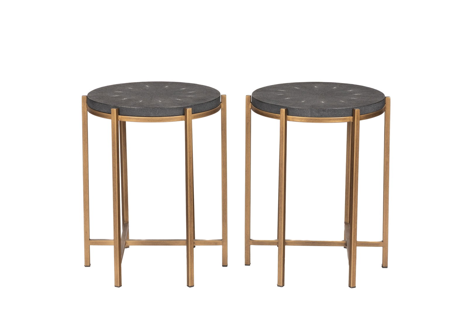 PAIR OF FAUX SHAGREEN & METAL SIDE / DRINKS TABLES: H. 21in x Dia. 15 1/2in