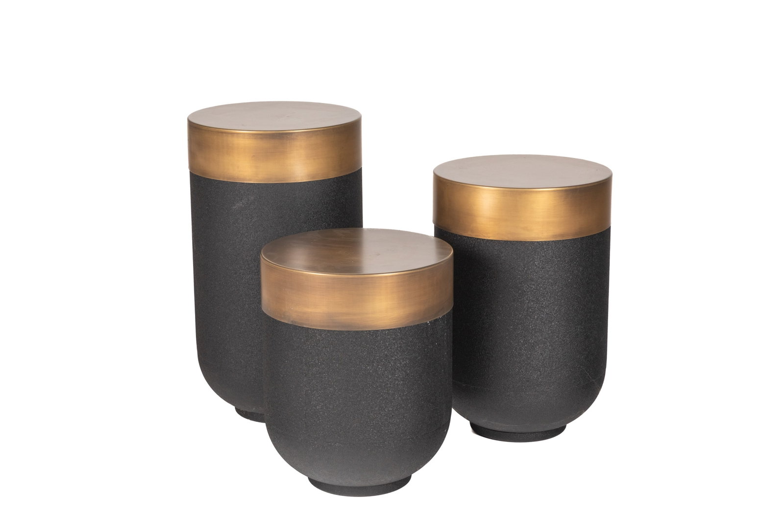THREE BLACK AND BRASS PEDESTAL STANDS: Painted metal bases and polished removable tops. H. of the tallest 28" x Dia. 15 3/4"