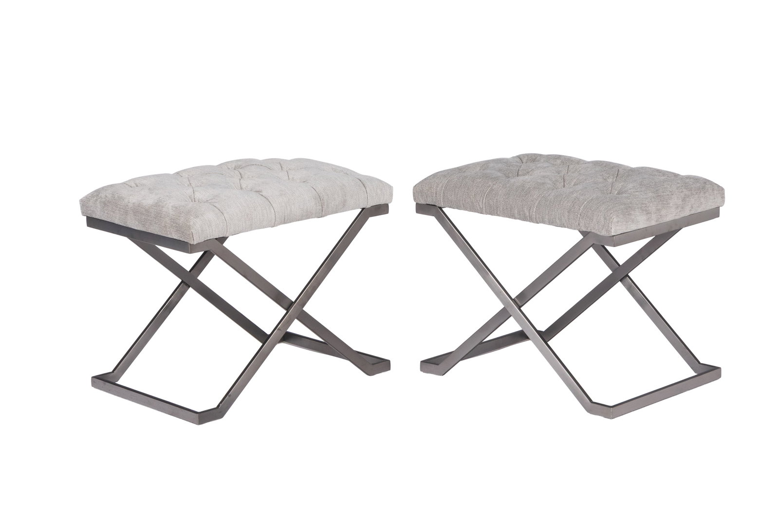 PAIR OF SUNPAN TUFTED STOOLS: Metal x-from bases with upholstered tufted tops. H. 18 1/2" x W. 22 1/2" x D. 16 1/2"