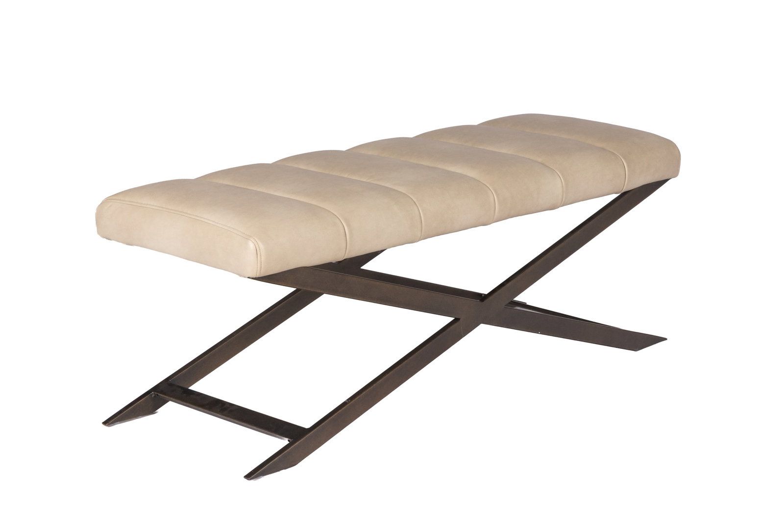 SUNPAN X-FORM BENCH: Bronzed metal frame with leather seat. H. 18" x W. 47 1/2" x D.18"