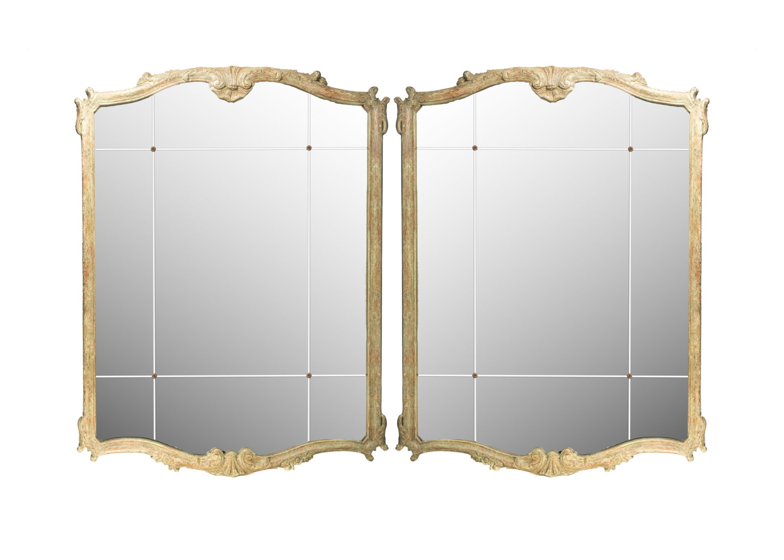 D-- PAIR OF LARGE PAINTED FRAMED STATEMENT MIRRORS: Heavily carved painted frames with shell scalloped accents, the mirrors are engraved and accented with small florets. Late 20th C with patinated finish.H 79 x W 60 x D 2 1/2 in.