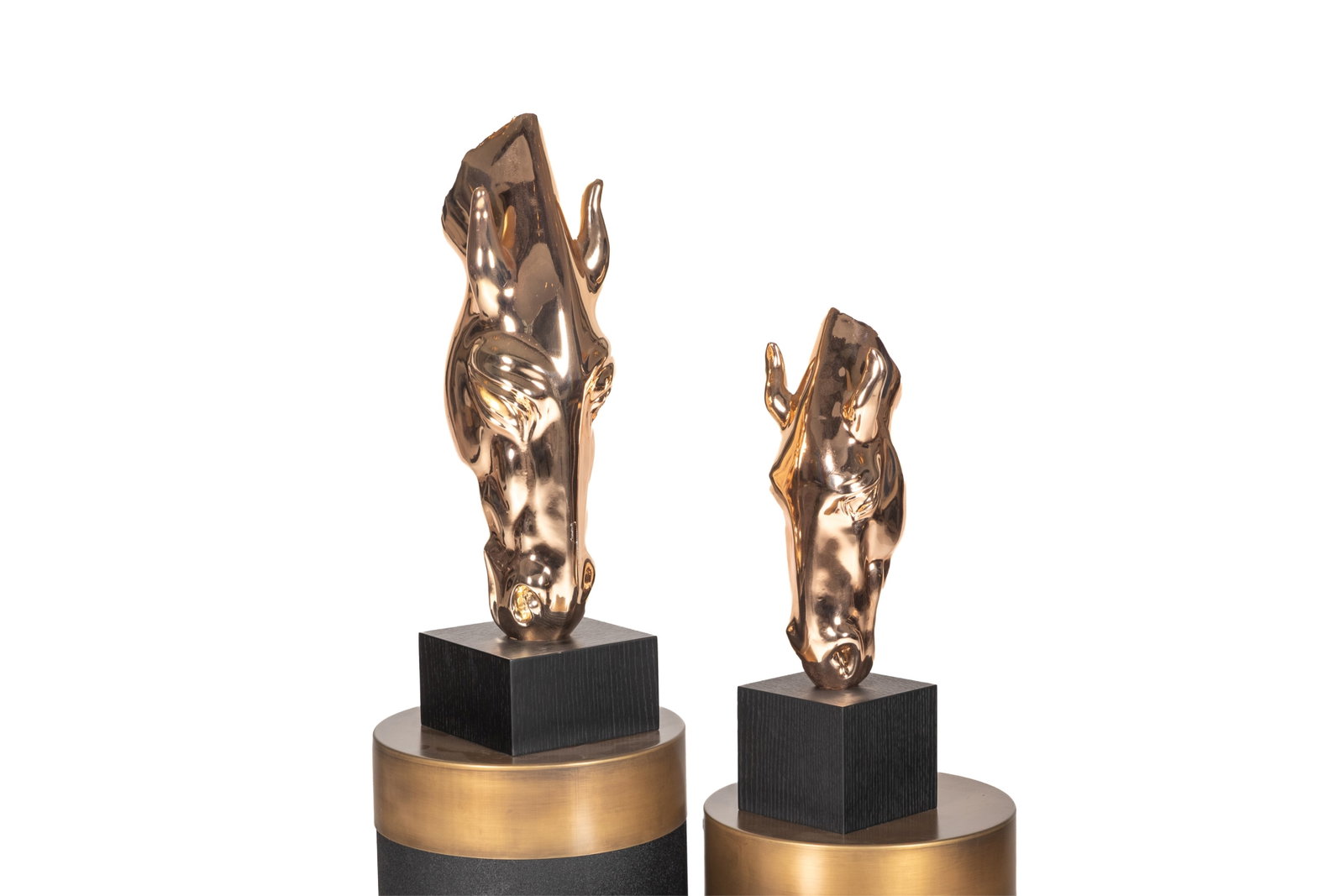 TWO GOLD RESIN HORSE HEAD SCULPTURES: Largest H. 26in