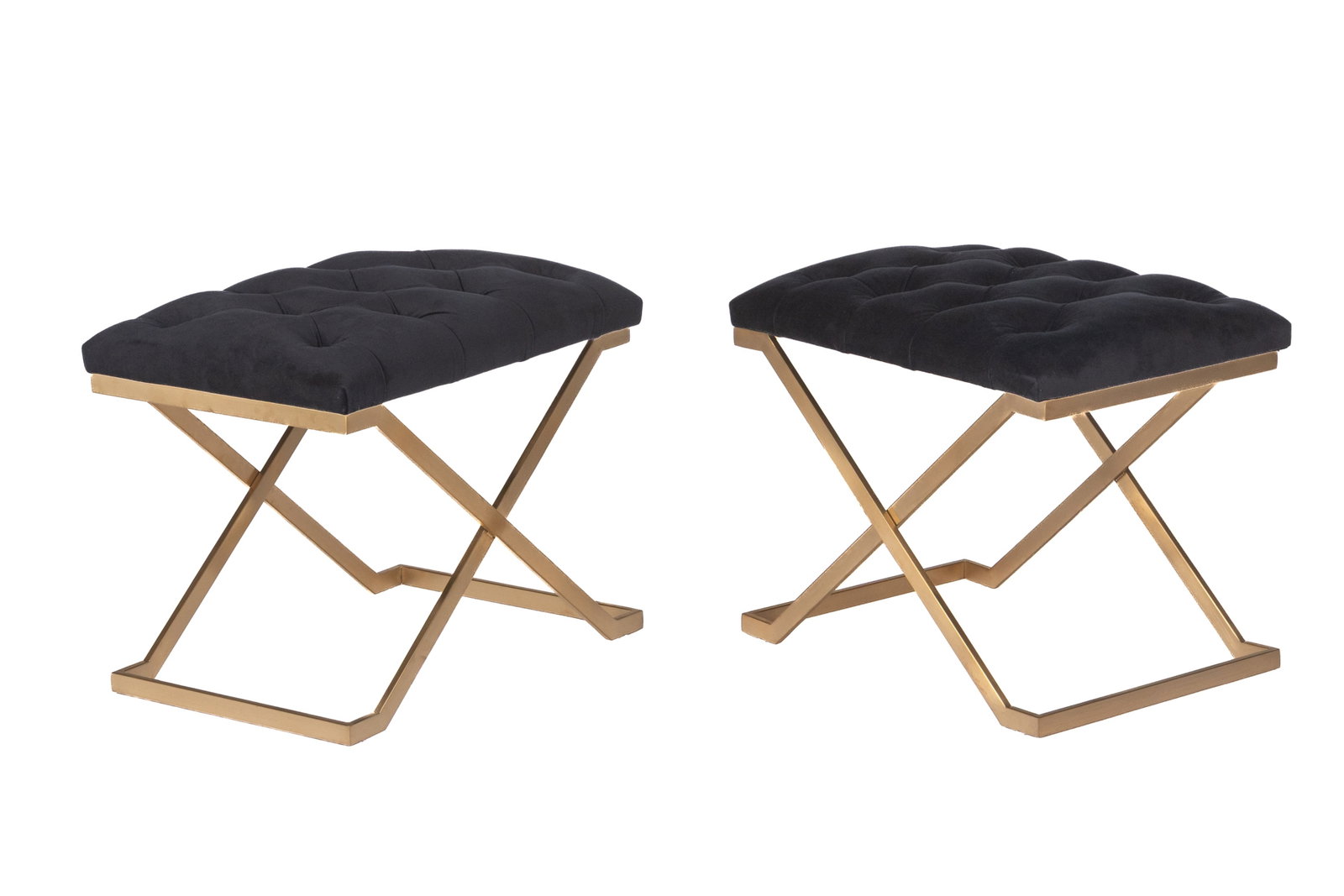 PAIR OF SUNPAN TUFTED STOOLS: Gold metal x-form frames with black velvet upholstery. H. 19" x W. 22 1/2" x D. 16 3/4"