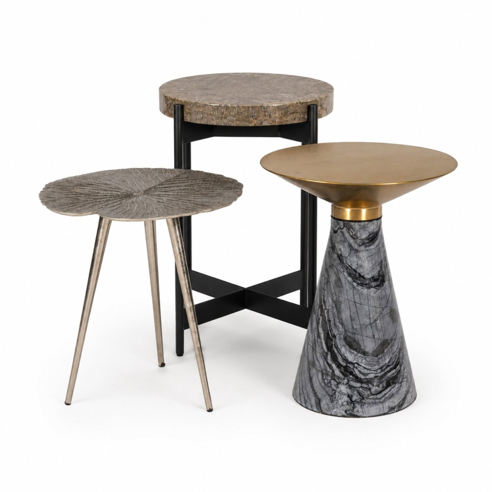 THREE DECORATIVE SIDE TABLES: With mixed natural stone and metals