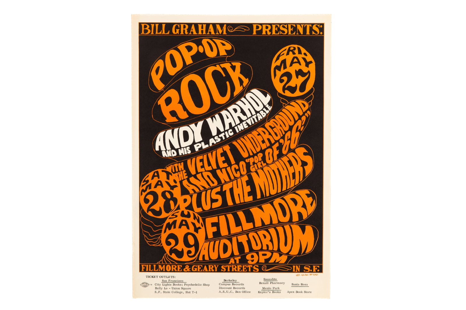 BG-8 ANDY WARHOL AND HIS PLASTIC INEVITABLE: Poster: Andy Warhol and His Plastic Inevitable, Fillmore Auditorium Catalog: BG-8 Bands: Andy Warhol and His Plastic Inevitable, The Velvet Underground and Nico, MothersVenue: Fillmore Auditorium City