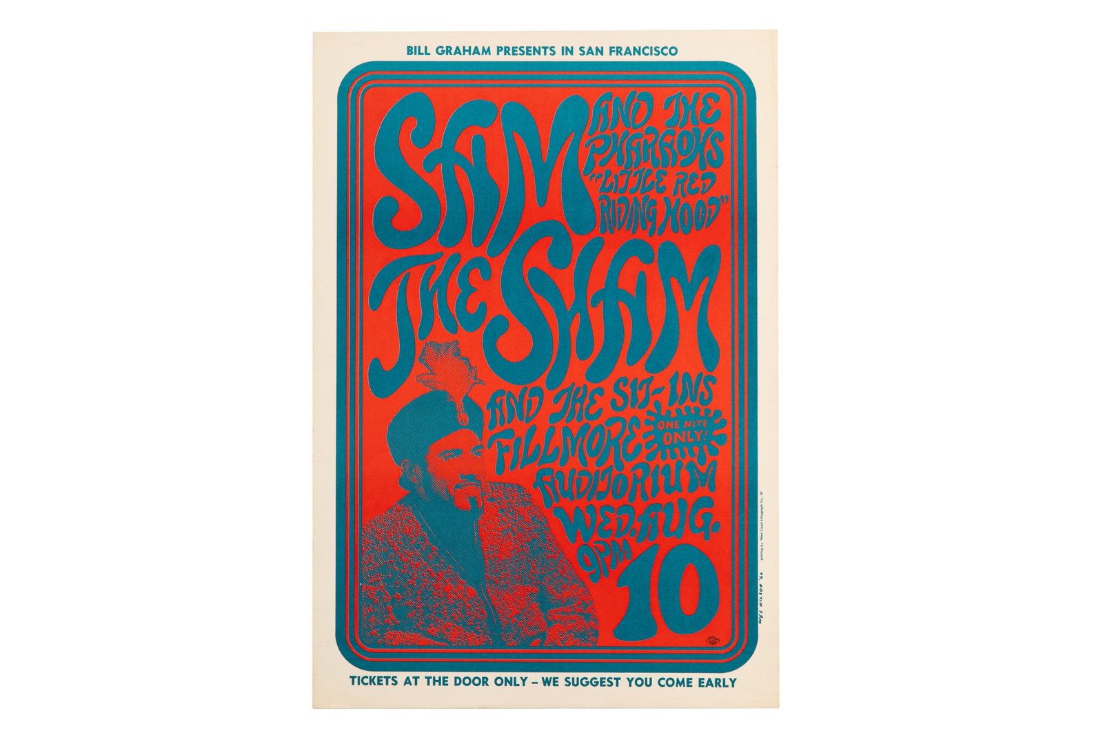 BG-22 SAM THE SHAM AND THE PHARAOHS: Poster: Sam the Sham and The Pharaohs, Fillmore Auditorium Catalog: BG-22 Bands: Sam the Sham and The Pharaohs Venue: Fillmore AuditoriumCity: San Francisco Date: 8/10/66 Dimensions: 20 1/8 x 13 7/8