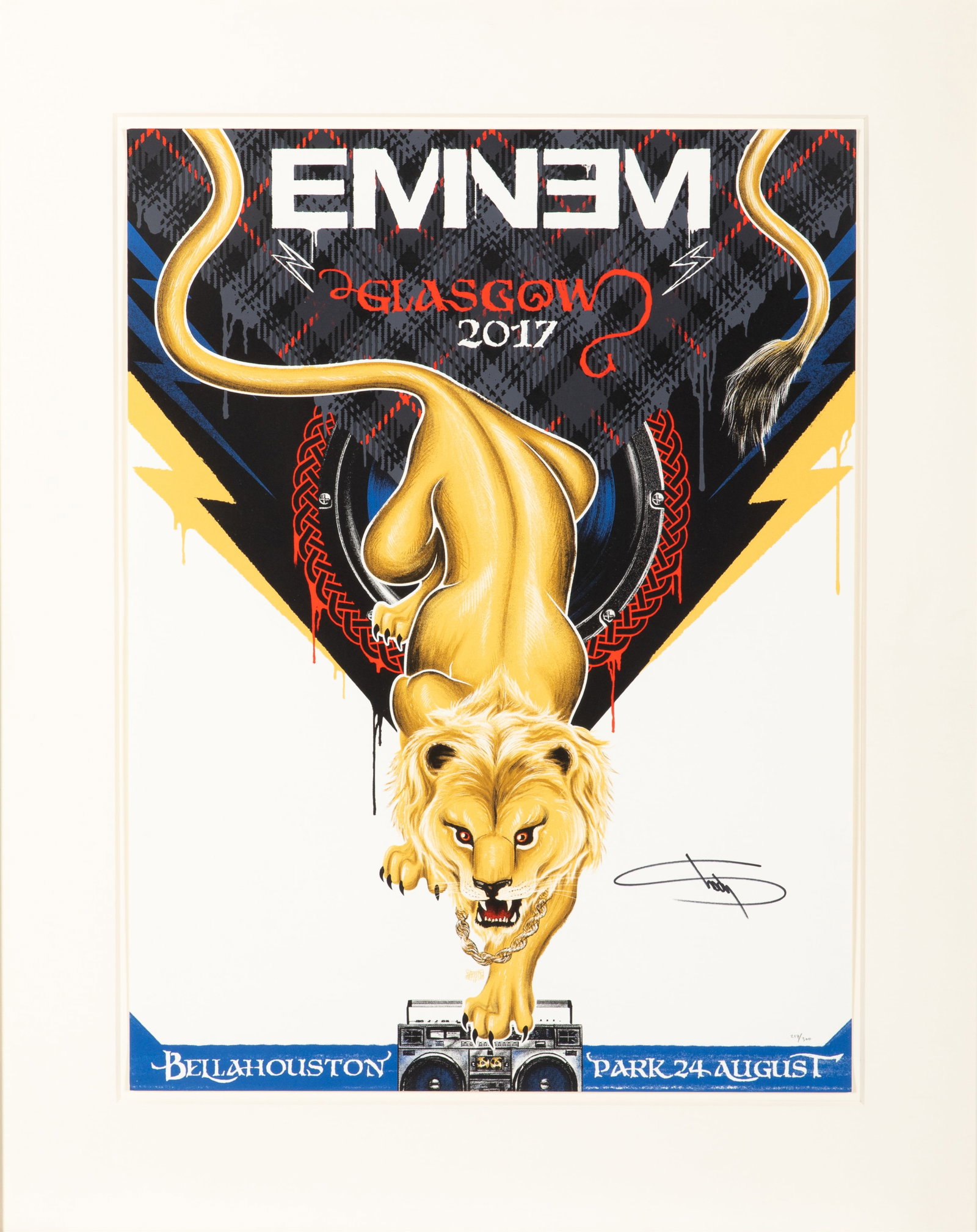 EMINEM SIGNED CONCERT POSTER GLASGOW 2017: Eminem signed concert poster for his headlining performance at Glasgow Summer Sessions at Bellahouston Park on August 24, 2017. Signature stylized as "Slim Shady".H. 32" x W. 33 1/2" This lot does