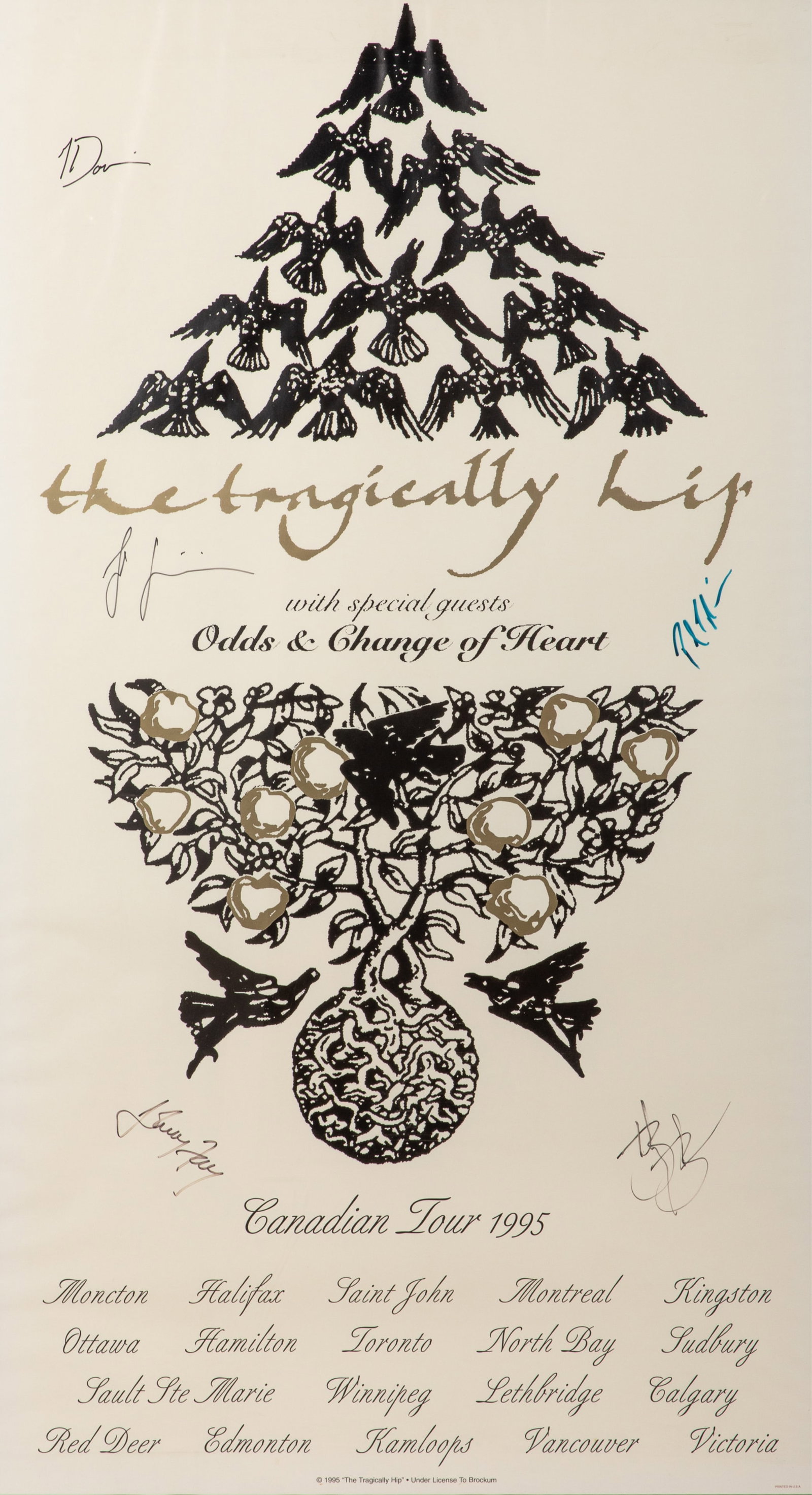 TRAGICALLY HIP SIGNED CANADIAN TOUR POSTER (1995): Tour poster promoting the Tragically Hip's Canadian arena tour in support of their album "Day For Night". Vancouver power-pop band Odds and Toronto indie rock band Charged of Heart served as opening a