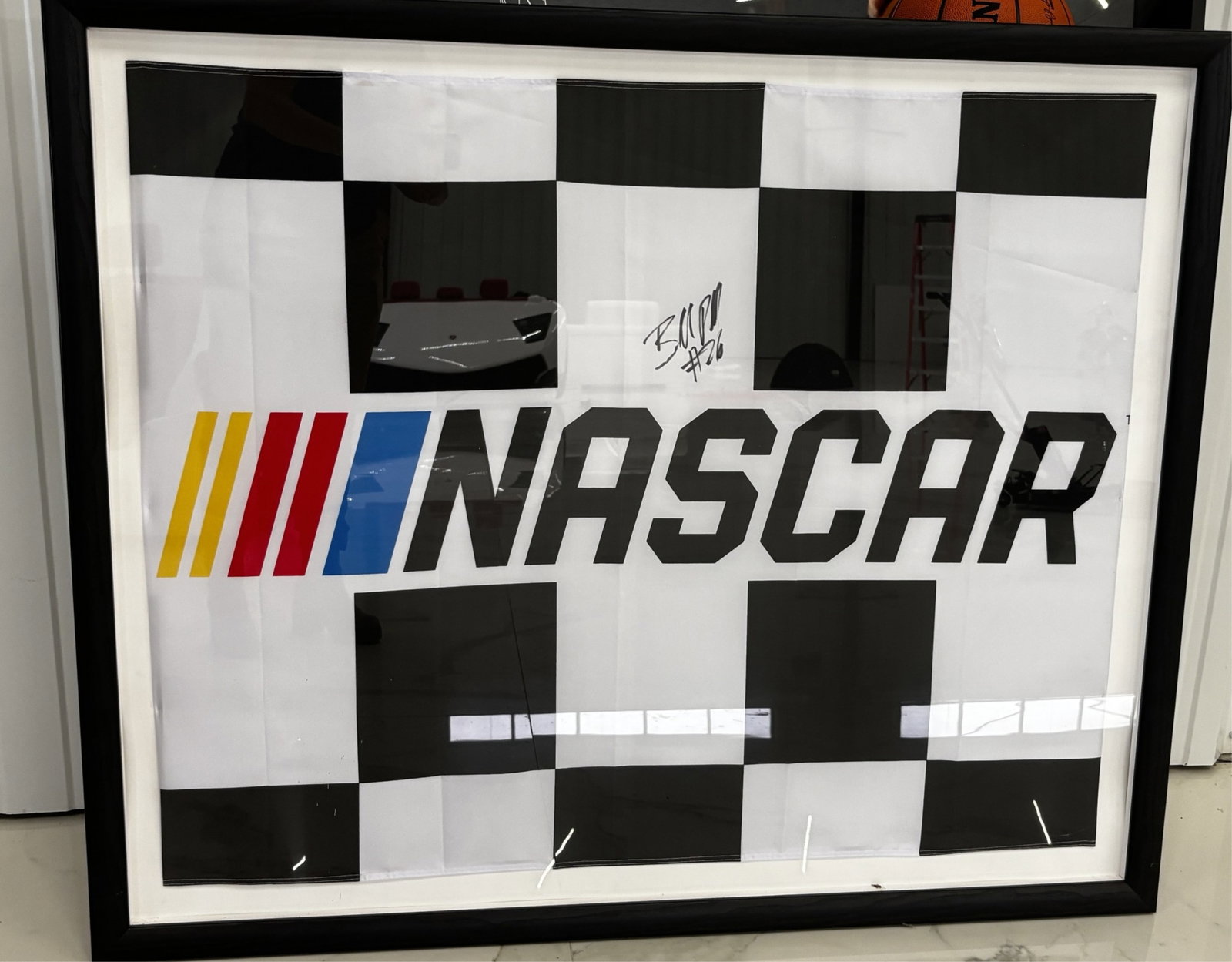 NASCAR RACING FLAG FRAMED WITH AUTOGRAPH: H. 41" x W. 49"