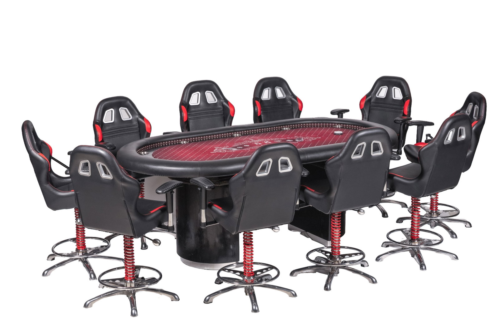 HIGH END POKER TABLE AND CHAIRS SET: 8 chairs: H. 45 1/2" x W. 30 3/4" x D. 20",Table: H. 37" x L. 97 1/2" x W. 49 1/2"