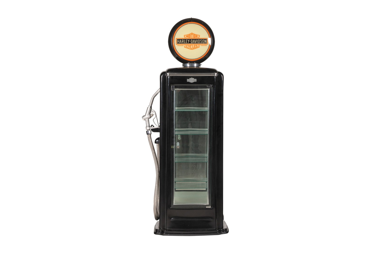 HARLEY DAVIDSON PETROL PUMP DISPLAY CASE: Vintage style black metal and glass display cabinet after a Toheim P300 petrol gas pump. H. 75" x W. 29 1/2" x D. 16"