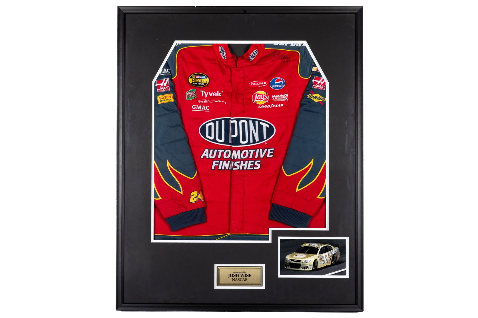 DU PONT RACING JACKET SIGNED BY JOSH WISE: Framed measurements: H. 41 1/2" x W. 33 1/2" This lot does not come with a Letter or Certificate of Authenticity.