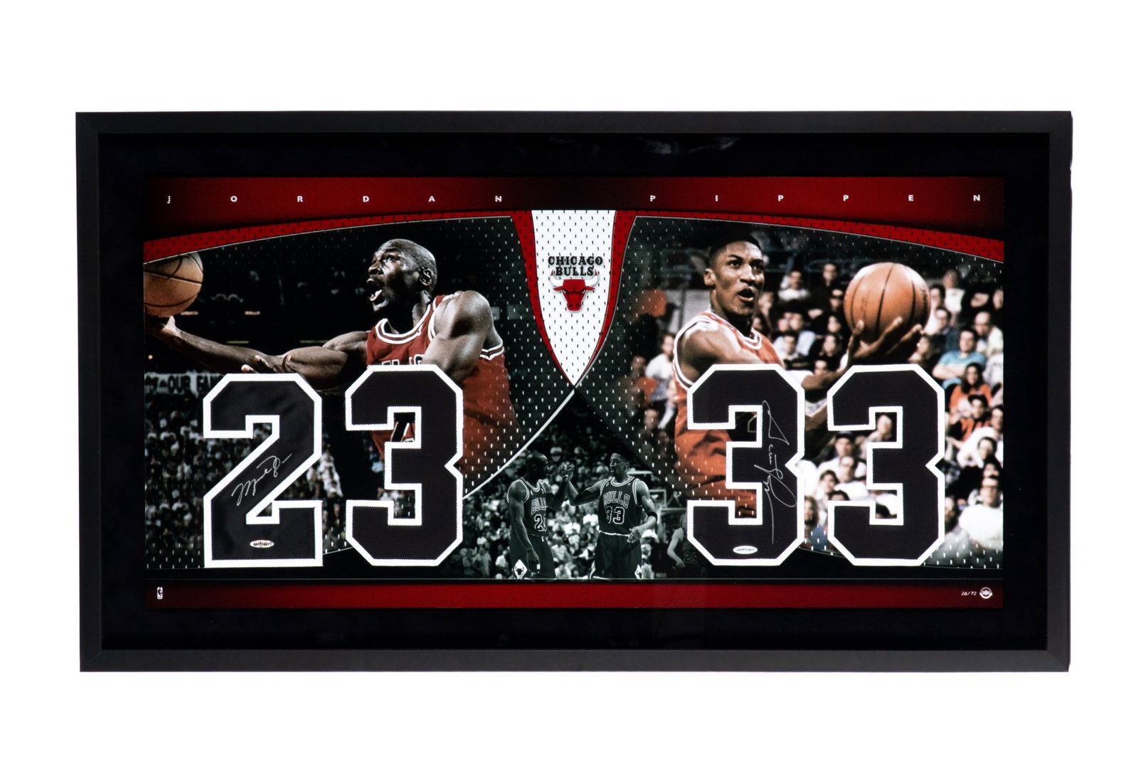 CHICAGO BULLS DOUBLE SIGNED PHOTO: Commemorative Chicago Bulls signed photo signed by Michael Jordan and Scottie Pippen. Comes with Upper Deck Authentication: BAM08091 and BAM06468.