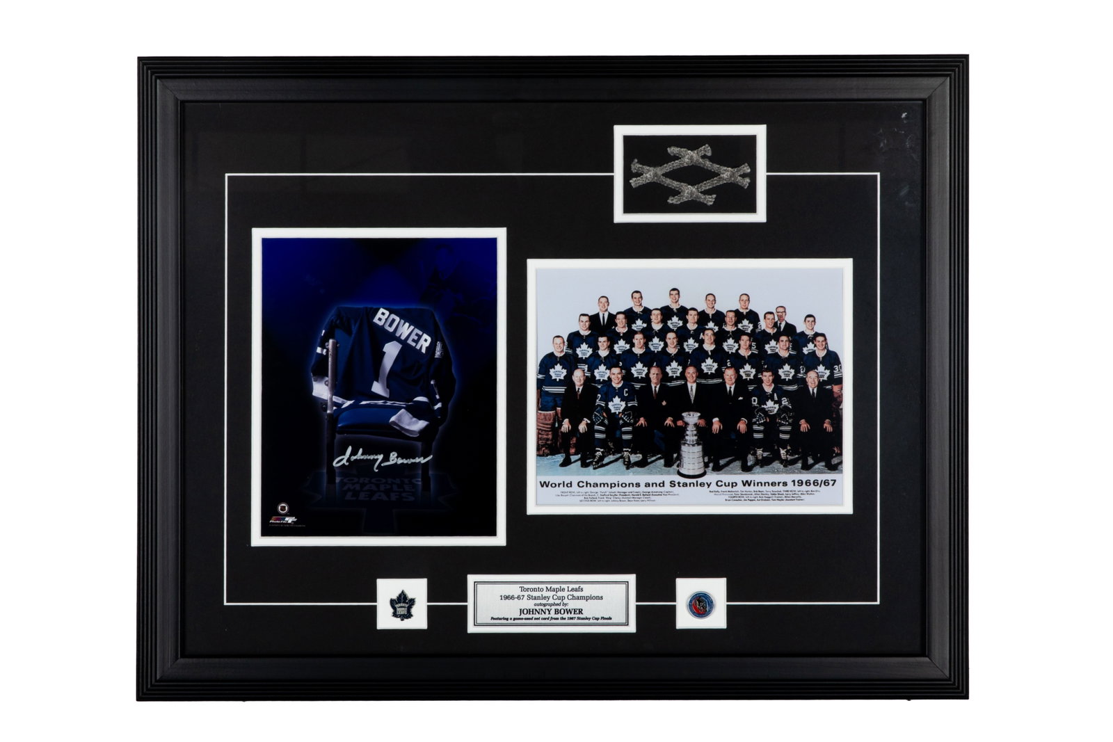 JOHNNY BOWER LEAFS STANLEY CUP PHOTO 1966/67: Signed by Johnny Bower. Includes a game-used net card from the 1967 Stanley Cup Finals. Comes with Certificate of Authenticity from Signature Authentics (Mississauga, ON).Framed measurements: H. 20 1/