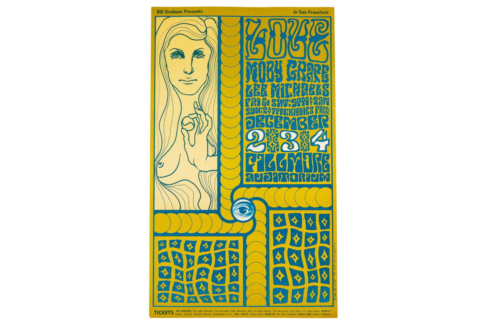 BG-40 LOVE FILLMORE AUDITORIUM: Poster: Love, Fillmore Auditorium Catalog: BG-40 Bands: Love, Moby Grape, Lee Michaels Venue: Fillmore Auditorium City: San Francisco Date: 12/2-4/66 Dimensions: 23 1/2 x 14 in. Printing: 3rd print Ar