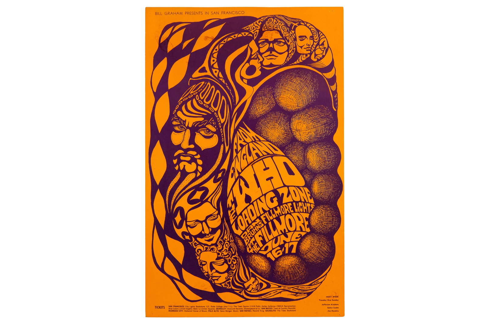 BG-68 THE WHO LOADING ZONE FILLMORE AUDITORIUM: Poster: The Who, Fillmore Auditorium Catalog: BG-68 Bands: The Who, Loading Zone Venue: Fillmore Auditorium City: San Francisco Date: 6/16-17/67 Dimensions: 21 7/8 x 14 in. Printing: Original poster A