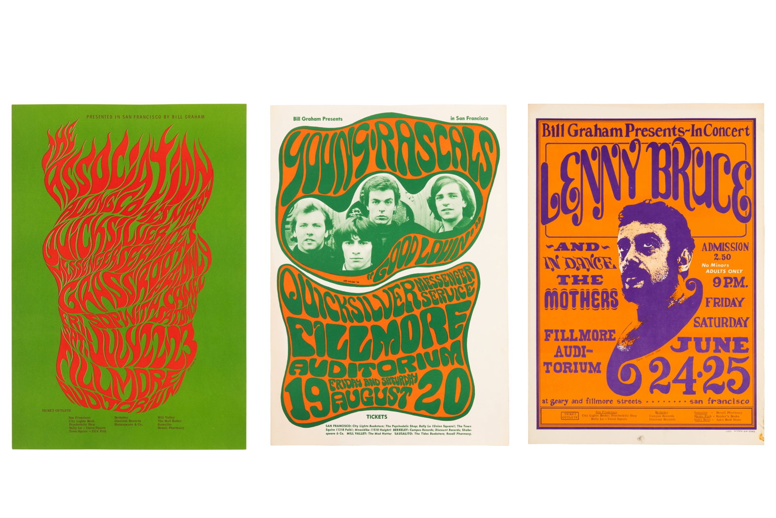 LOT OF 3 BILL GRAHAM POSTERS (BG-13, 18, 24): BG-13 Lenny Bruce and The Mothers at Fillmore Auditorium, June 24-25, 1966 (4th printing); BG-18 Association, Quicksilver Messenger Service, Grass Roots, and Sopwith Camel at Fillmore Auditorium, July