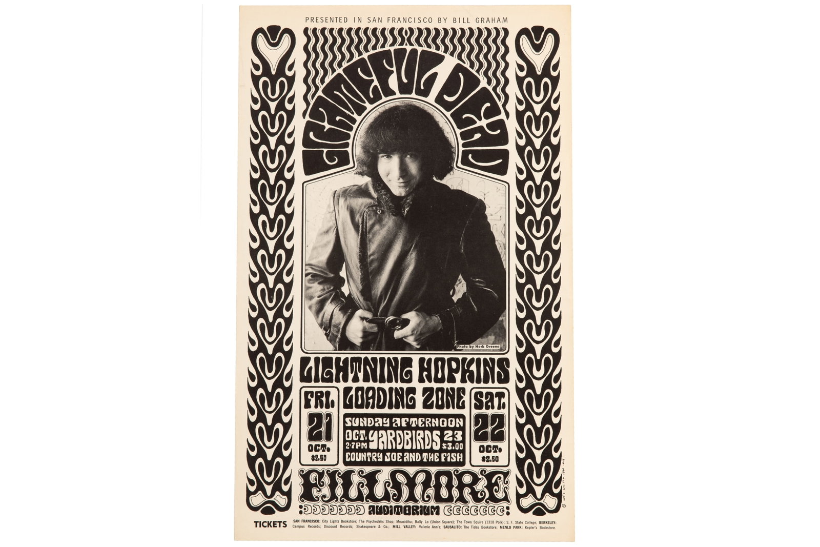 BG-32 GRATEFUL DEAD FILLMORE AUDITORIUM: Poster: Grateful Dead, Fillmore Auditorium Catalog: BG-32 Bands: Grateful Dead, Country Joe and the Fish, Lightning Hopkins, Loading Zone, Yardbirds Venue: Fillmore Auditorium City: San Francisco Date