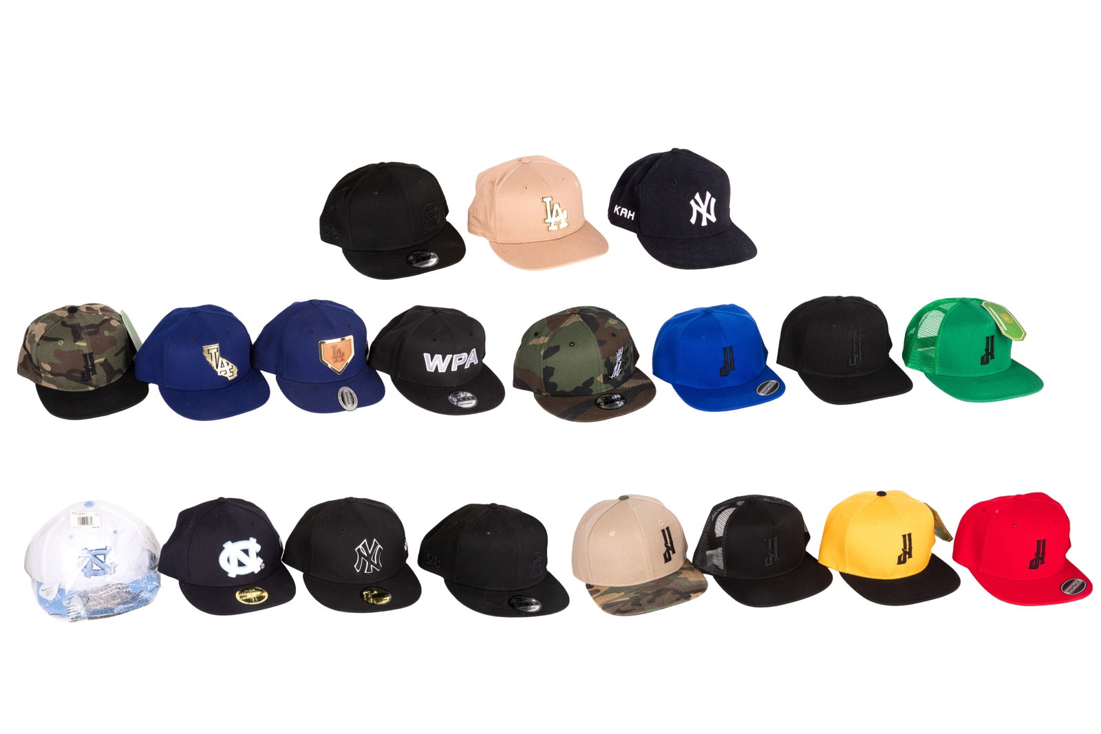 NINETEEN SPORT BASEBALL CAPS: Including Wheel Mafia, WPA, LA Dogers, North Carolina Tarheels, NY Yankees.