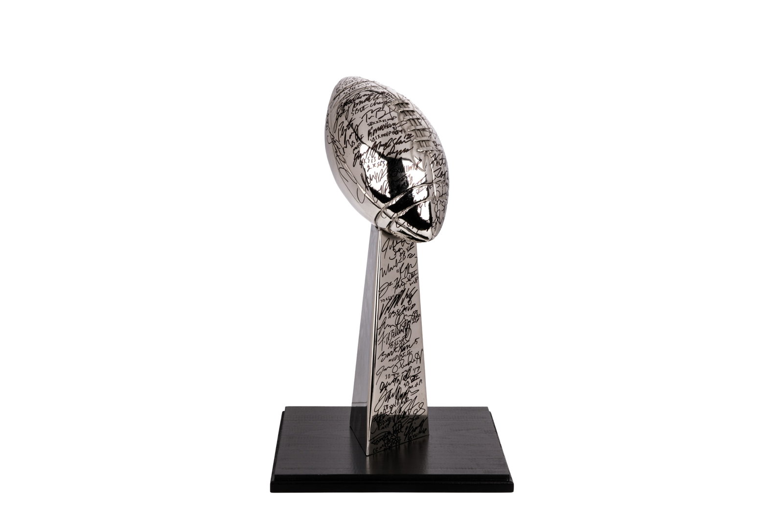 SUPER BOWL MVP REPLICA LOMBARDI TROPHY: Autographed by Terrell Davis, Emmitt Smith, Kurt Warner, Kurt Warner, Doug Williams, Terry Bradshaw, Hines Ward, Jim Plnkett, Roger Staubach, Tom Brady, Lynn Swann, Peyton Manning, Eli Manning, John R