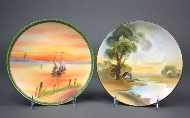 Two Nippon Porcelain Plaques: - Each of a landscape, one with beaded border. Green M-in-Wreath. Dia 20 cm. (7 7/8 in.)