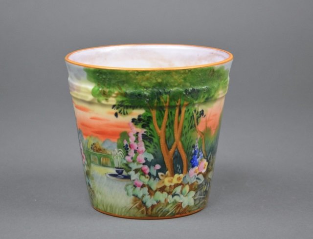 Hand Painted Noritake Flower Pot: - With landscape motif, mustard trim. Red M-in-Wreath. H 11 cm. (4 1/4 in.)