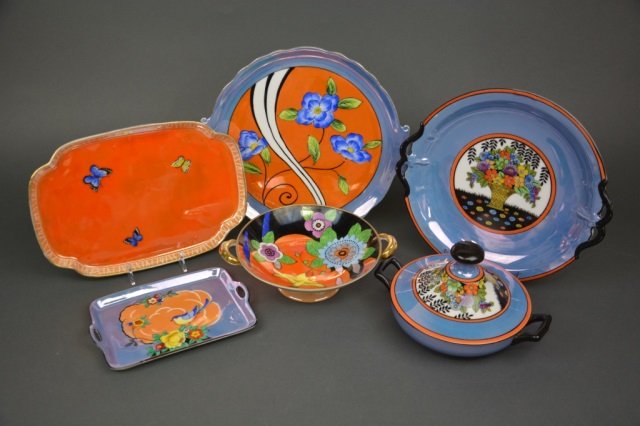 Lot of Art Deco Lustre Noritake: Tureen on tray, footed dish and three lustre trays. W26+ cm. (10 1/4 in.) of orange lustre