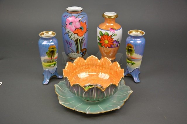 Lot of Art Deco Noritake Porcelain: - Including four vases and a lustre punch bowl on stand.