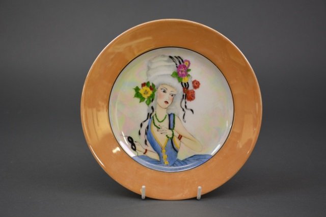 Noritake Lustre Portrait Plate: - Good example of a forgery painted in the manner of an Art Deco dish with a portrait of a French lady. Dia 20 cm. (8 in.)