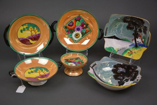 Lot of Art Deco Noritake Porcelain: - marked Red & Green M-in-Wreath. W of landscape bowls 21 cm. (8 1/4 in.)