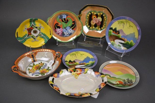 Eight pieces of Art Deco Noritake: - Geometric and floral patterns.