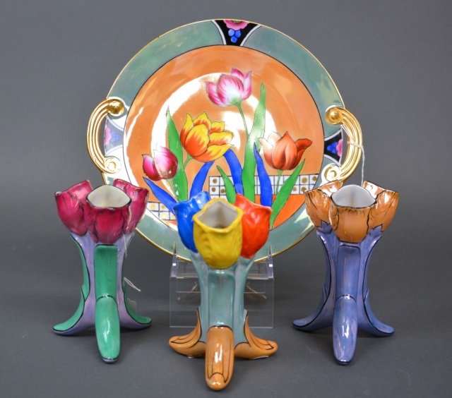 Lot of Noritake and Made In Japan porcelain: Three tulip vases and a Noritake lustre tulip dish.