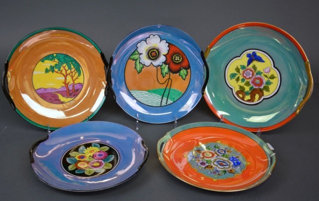 Five Art Deco Noritake Lustre plates: In floral and geometric patterns.