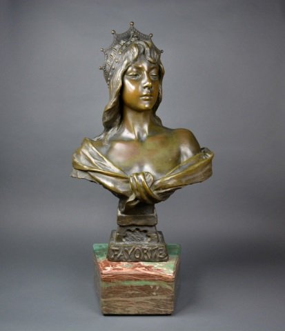 Emmanuel Villanis Bronze Bust: entitled Favorite. An Art Nouveau bronze on a marble base. Bears Foundry Mark. H of bronze: 30 1/2 in.