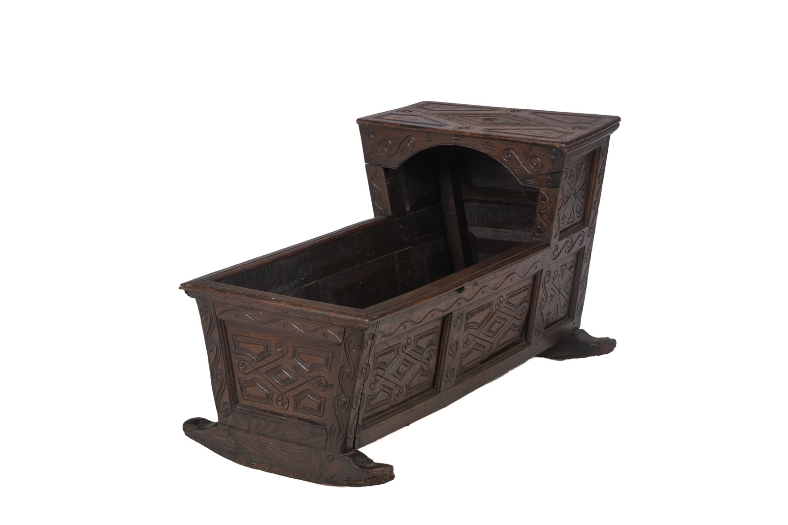 18th C. ENGLISH OAK INFANT'S CRADLE: H. 24in x L. 42in x D. 22 1/2in