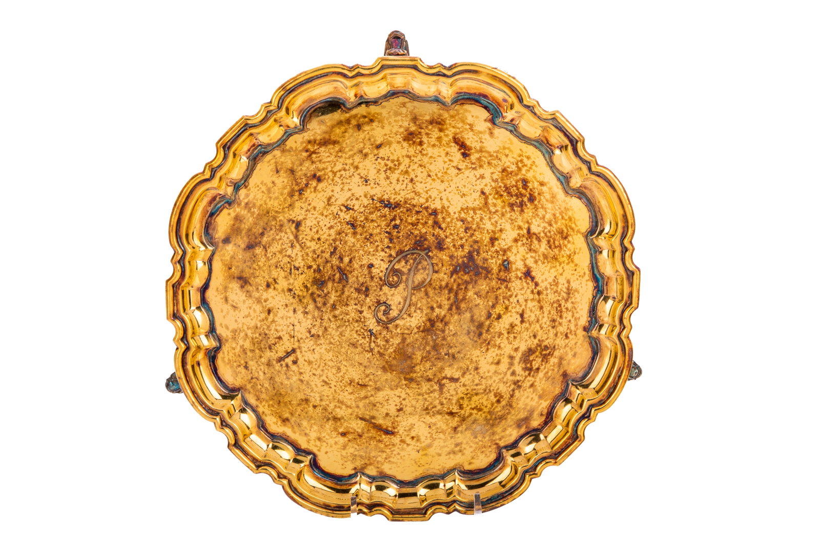 ENGLISH SILVER GILT FOOTED SALVER, 625 g. (1 of 4)