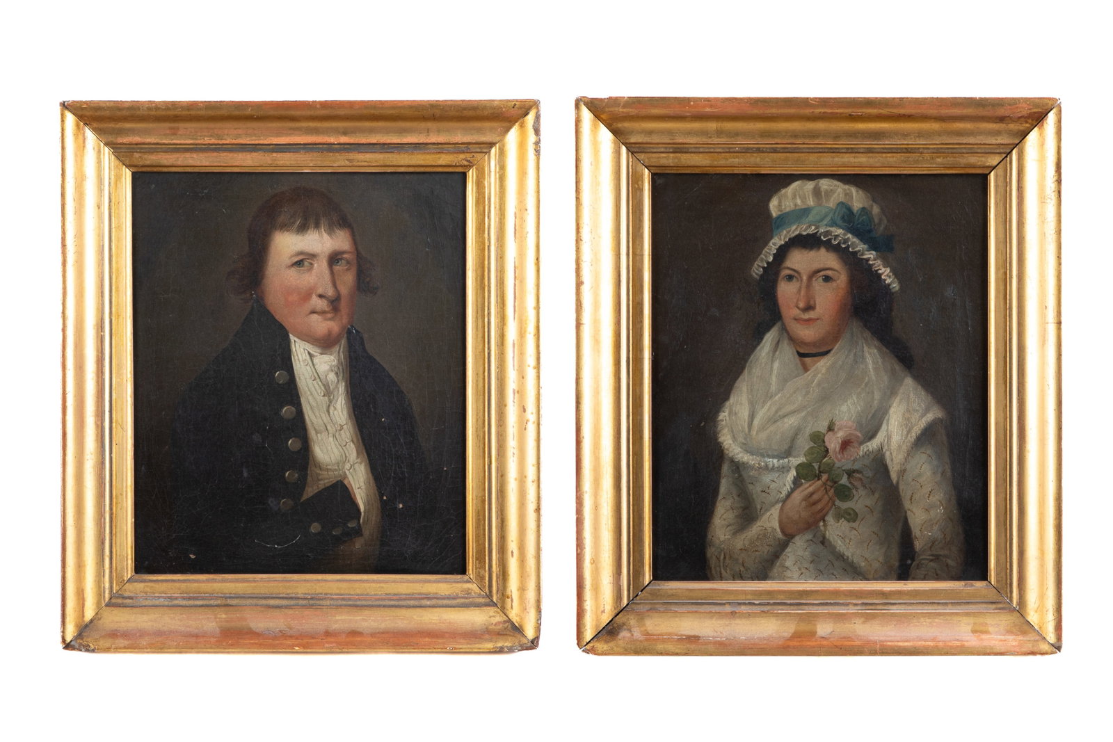 ENGLISH SCHOOL (18th C): Pair of portraits Oil on canvas One inscribed "Mrs. Woodhams, Green Street Green, Kent" on verso H. 12" x W. 10"