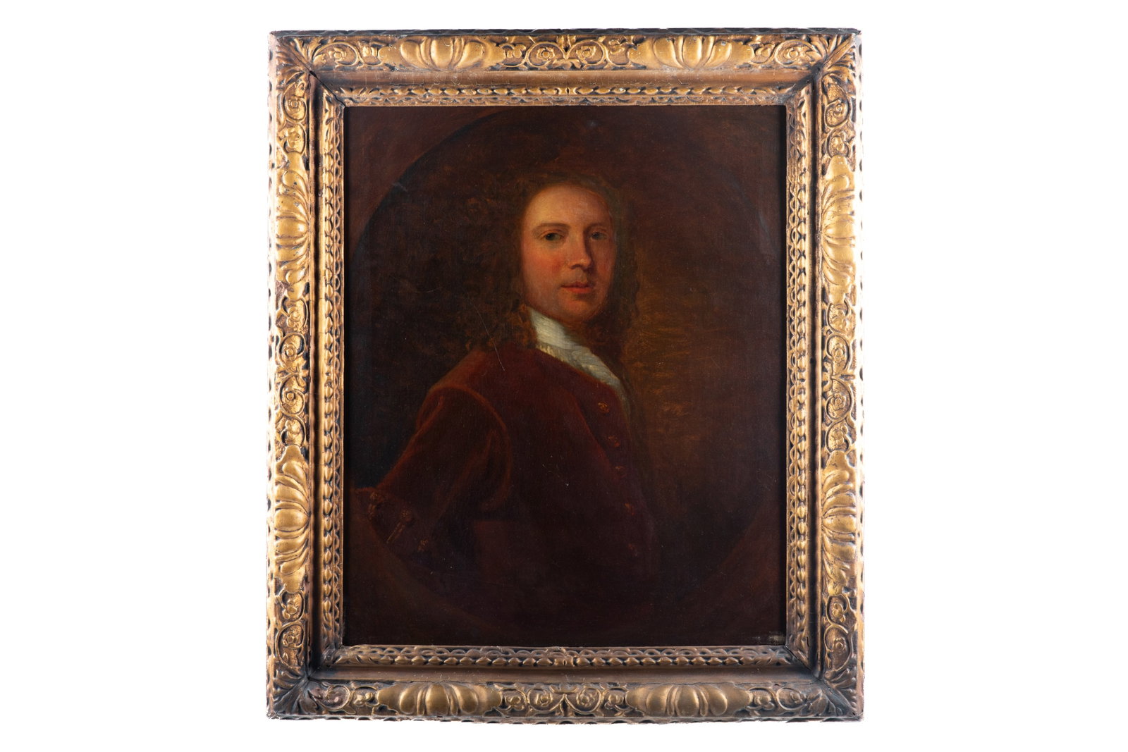 SCOTTISH SCHOOL (18th C): Portrait of John Clark, merchant from Greenock, Scotland (1710-1772) Oil on canvas Attribution of sitter written on paper andaffixed to verso of the frame H. 30 1/4" x W. 25" Provenance: Maus Park Ant