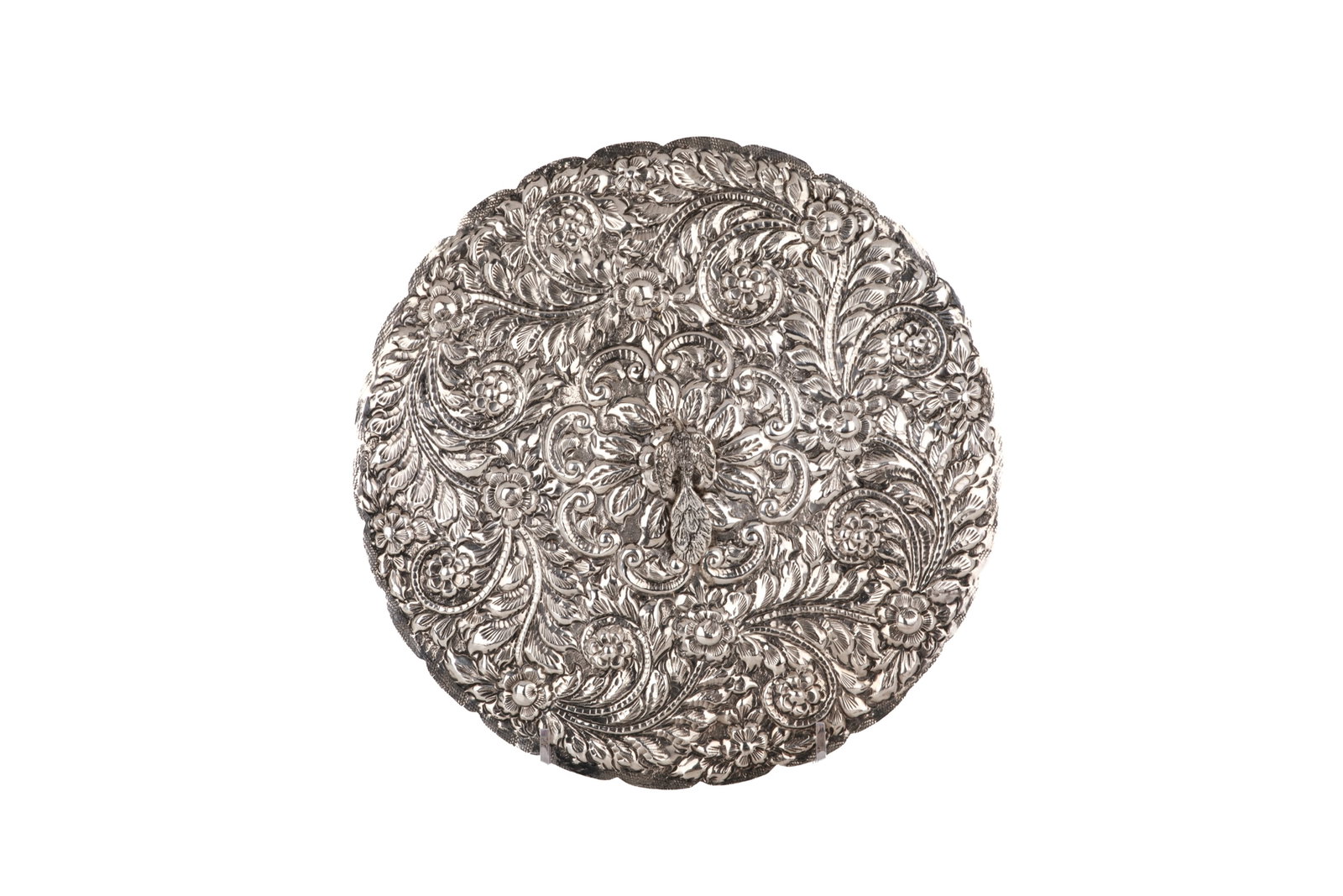 ROUND TURKISH SILVER MIRROR, 680G: Round Turkish silver mirror. Dia. 8 3/4in (23.5cm) Overall weight 680g, including mirror plate.
