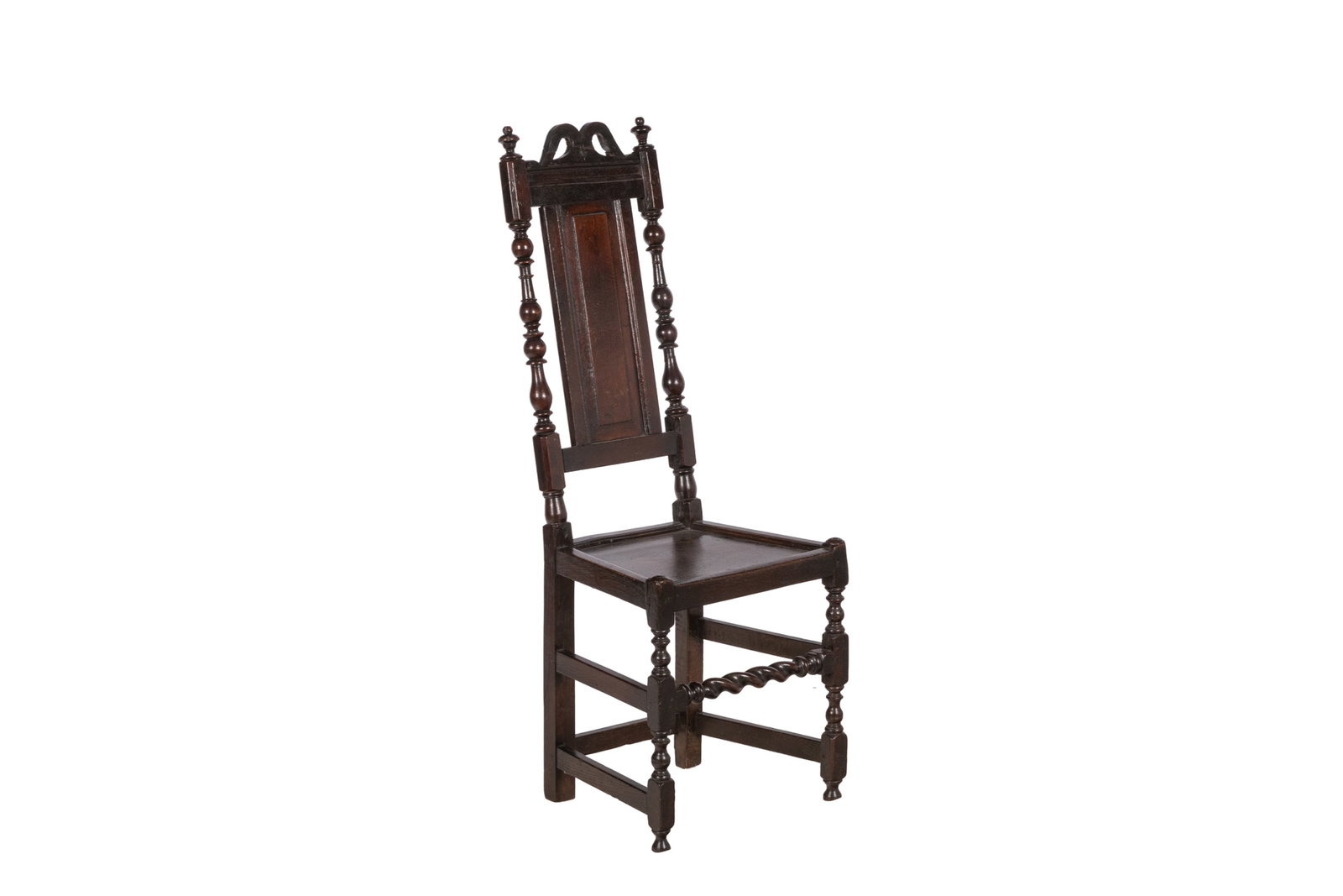 ENGLISH PANEL BACK STOOL, ca. 1690: English oak back stool with well-turned back posts, pierced arched crest and raised panel back. Paneled seat over spiral turned front stretcher. Ca. 1690-1710. H. 47in x W. 17 1/2in x D. 16 1/2in