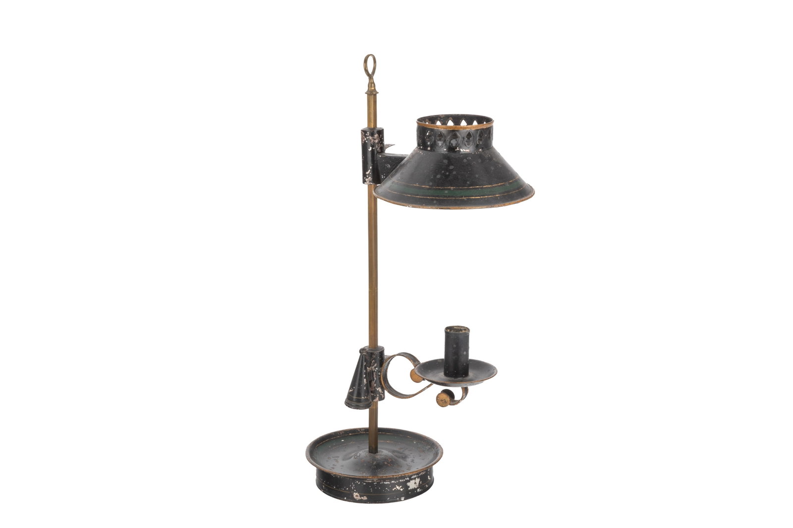 19th C AMERICAN TOLE METAL STUDENT'S LAMP: With single candle and original snuffer, pierced shade. Black metal with gold accents. H 49cm (19in)