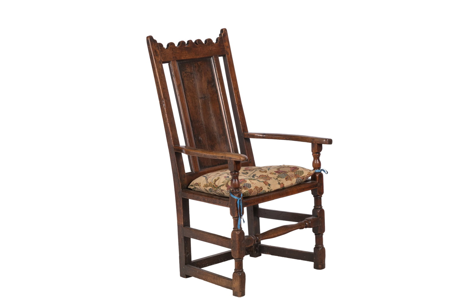 ENGLISH/WELSH 18th C ARMCHAIR: See Victor Chinnery, Furniture Brit Trad, Figure 4: 273, pg 518 Oak joined armchair with flat panel back andseat and scrolled crest. English or Welsh, ca: 1700-1750. See ?Oak Furniture in the British 