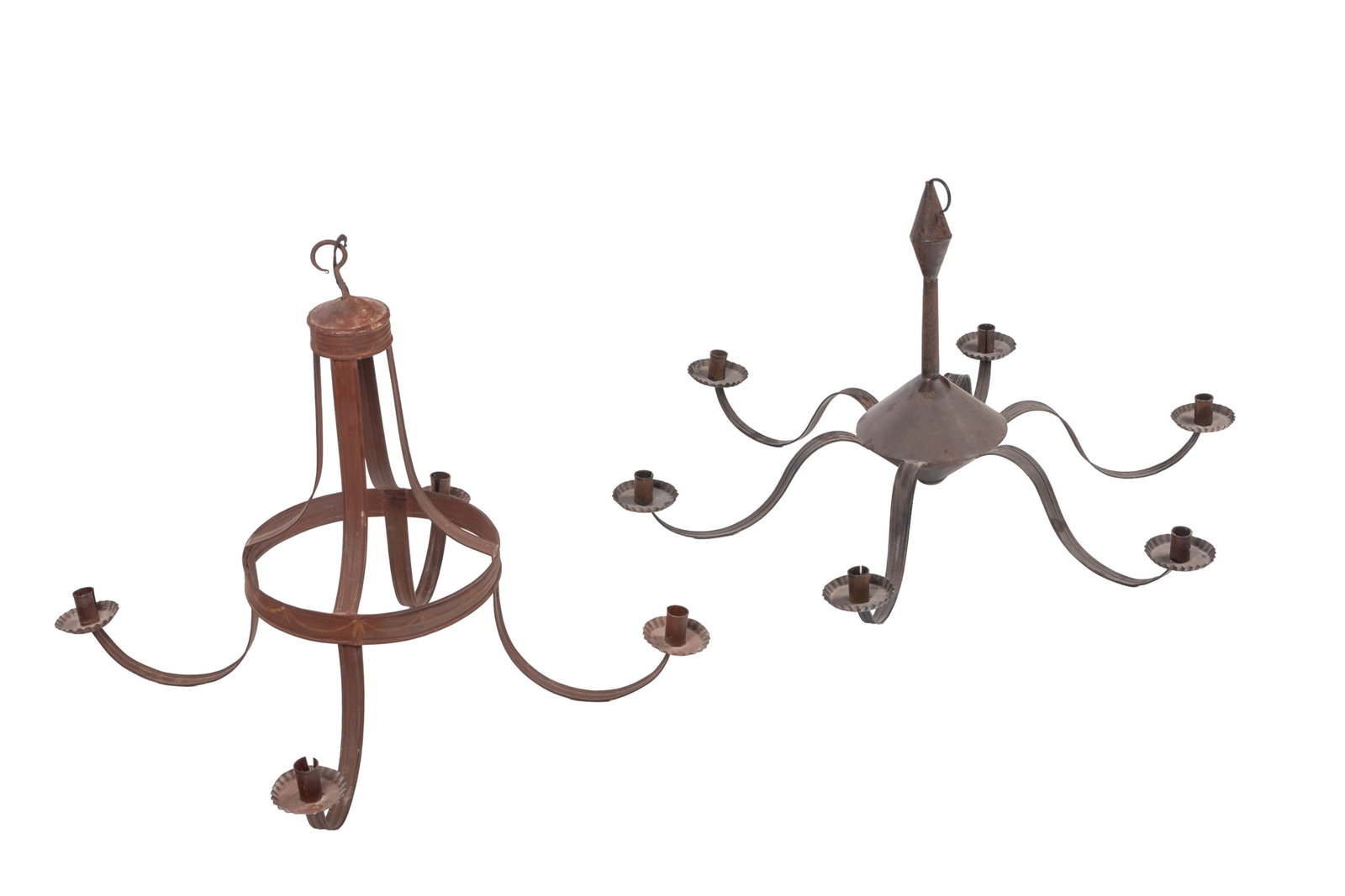 TWO TOLE HANGING CANDLE LAMPS: One four arm and one six arm hanging tin candle light fixtures with wrought iron hanging hooks, probably 20th century.