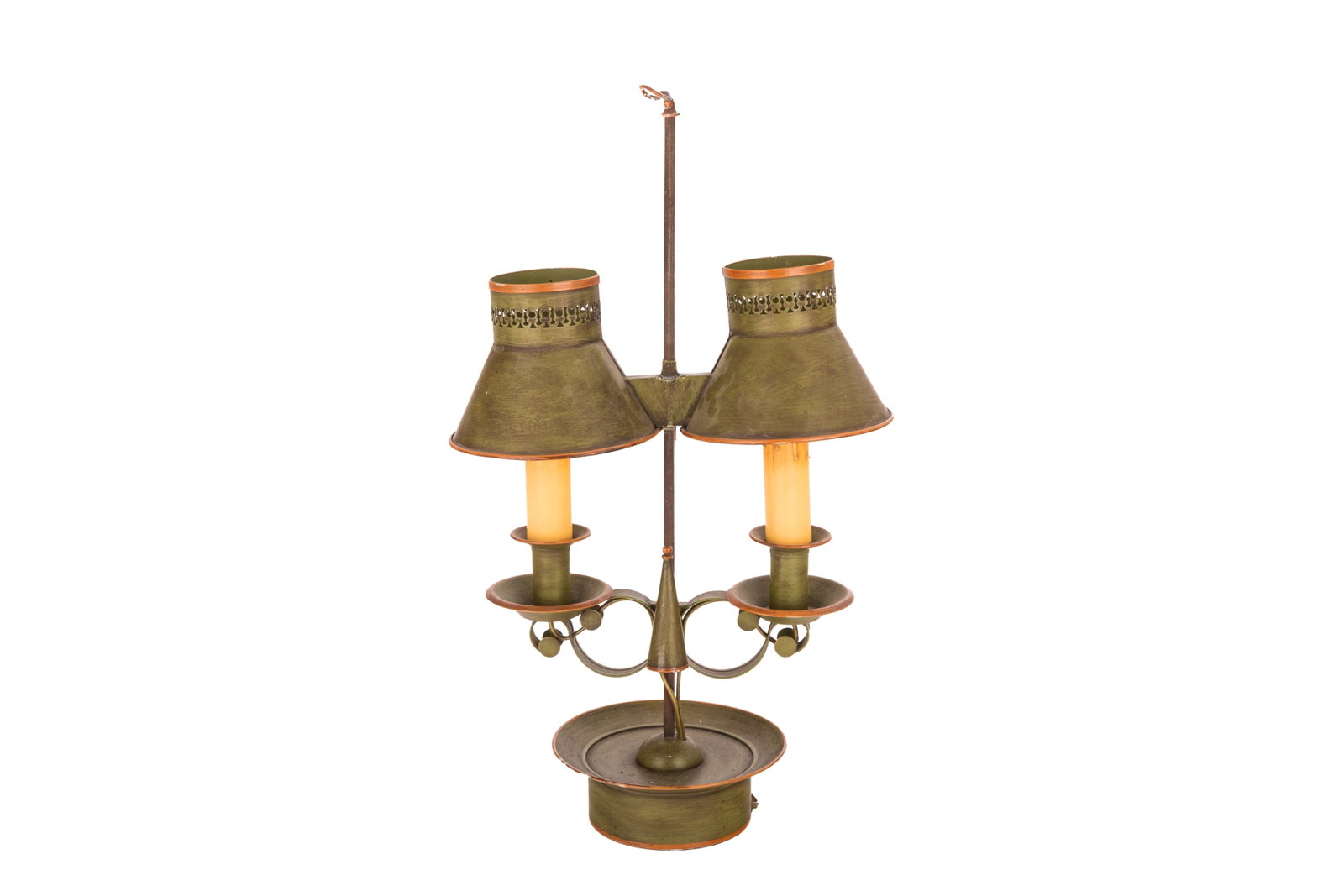 GREEN-PAINTED TWO LIGHT TOLE METAL TABLE LAMP (1 of 1)