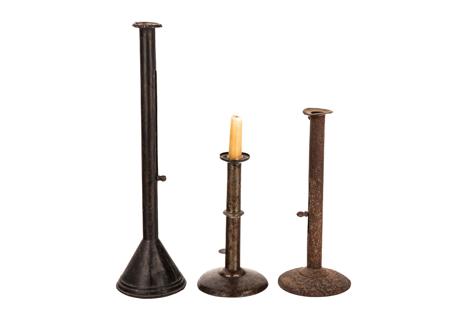 THREE ANTIQUE SHEET IRON CANDLESTICKS (1 of 1)